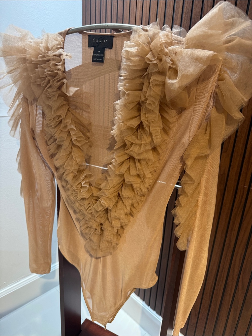 Gracia Tan Ruffle Deep V-Neck Long Sleeve Bodysuit - Picture 9 of 9
